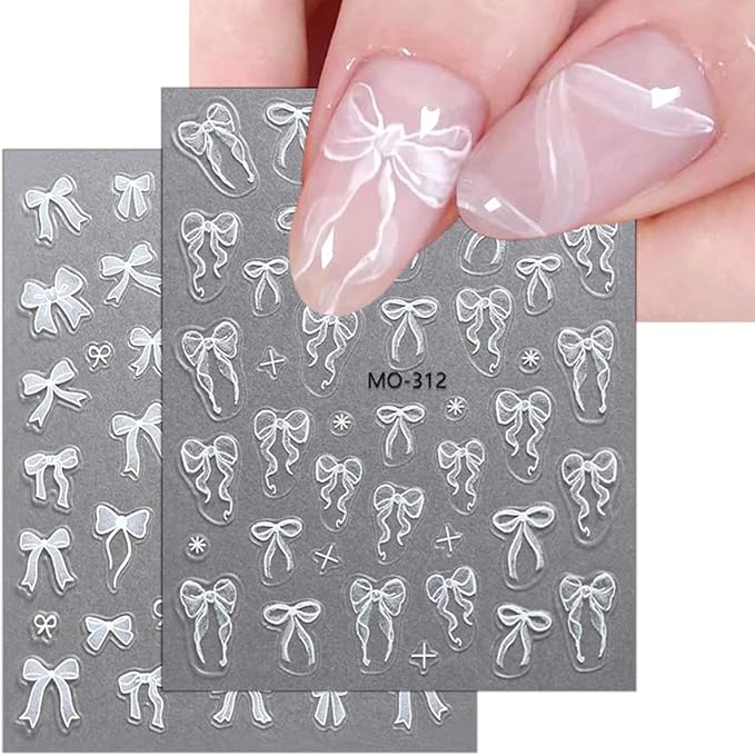 3 Sheets Embossed Bow Nail Decals for Nail Art Pink White Bows Nail Stickers Cute Bow Ribbon Nail Designs Supplies 5D Self-Adhesive Bow-Knot Nail Art Stickers for Women Girls Manicure Decor