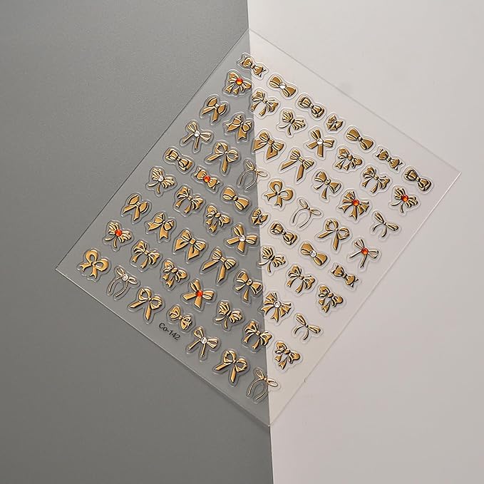 Metallic Bow Nail Art Stickers, 5D Embossed Nail Decals Gold Rhinestones Charm Design Ribbon Bows Nail Art Supplies Cute Stickers for Women DIY Manicure Decoration Accessories