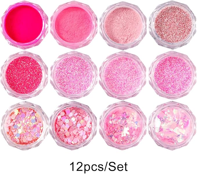 Pink Nail Glitter Powder, 12pcs Nail Art Sequins Dust Set, Holographic Paillette Sparkle Flakes for Acrylic Tips Manicure Decorations