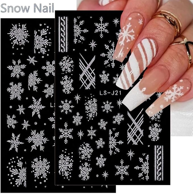 8 Sheets Christmas Snowflake Nail Art Stickers - White Glitter 3D Self-Adhesive Design for Winter Manicure - Cute Decals for Women