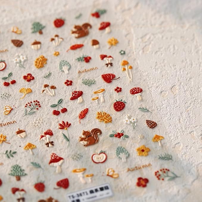 Fall Nail Art Stickers 5D Embossed Mushroom Squirrel Nail Decals 1PCS Autumn Leaves Strawberry Pinecone Autumn Nails Design Engraved Fall Stickers for Thanksgiving Day DIY Manicure Nail Art Decoration