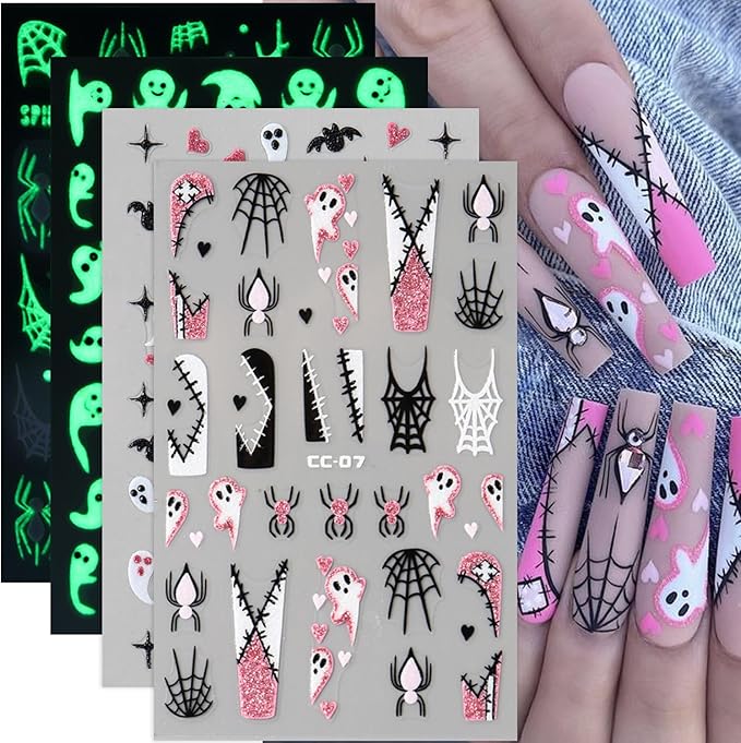 8 Sheets Halloween Spider Nail Art Stickers Decals Glow in The Dark Stickers 3D Self-Adhesive Luminous Ghost Spider Web Spider Nail Art Design Decals Charms for Holiday Acrylic DIY Nail Decoration