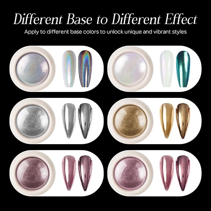 6PCS Chrome Nail Powder with 15ml 3D Nail Gel, Gold Sliver Holographic Aurora Iridescent Rubbing Dust, Metallic Mirror Pigment Powder and Non-Sticky Sculpting Gel for DIY Nails Designs-B