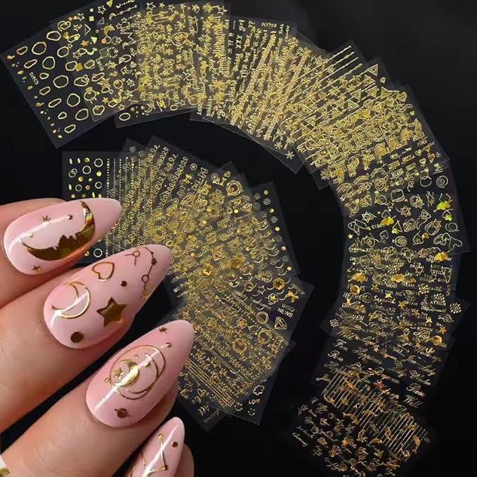 30 Sheets Gold Nail Stickers Star Moon Nail Art Stickers 3D Embossed Self Adhesive Nail Decals Letter Heart Nails Design Summer Nail Art Decals for Women Manicure DIY Decoration