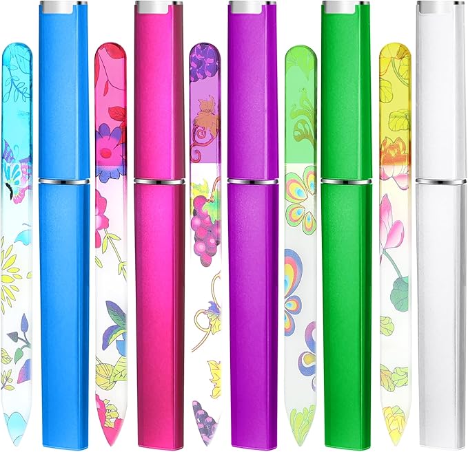 5 Pack Glass Nail File with Case Crystal Nail File Buffers Mixed Color Double Sided Glass Fingernail Files Cuticle Pusher Manicure Set for Women