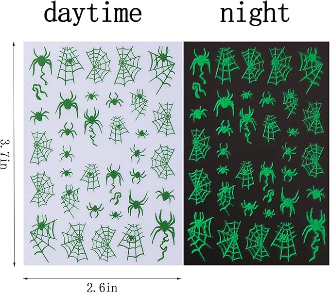Halloween Luminous Ghost Nail Sticker Luminous Sticker 3D self-Adhesive Horror Skull Spider Web Spider Pattern Design Ladies Girl DIY Halloween Nail Decoration 4 Pictures