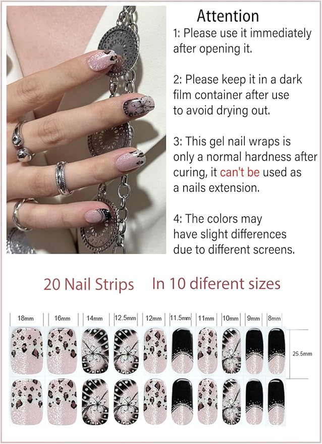 Semi Cured Gel Nail Strips, French Leopard, Cat Eye 20pcs Adhesive UV Sticker, Wraps for Home Manicure DIY