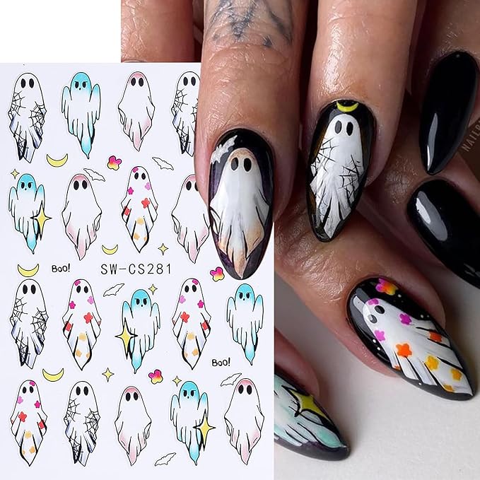 5 Pcs Halloween Nail Art Stickers,3D Self-Adhesive Nail Decals Spider Webs Cute Ghost with Designs Skull Pumpkin Nail Decorations Halloween DIY Manicure Supplies for Women Girls
