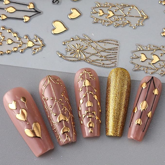 Golden Heart Nail Stickers for Nail Art 3D Bronzing Heart Nail Art Stickers 3PCS Metallic Golden Love Hearts Tree Stripe Design Self-Adhesive Nails Decals Supply for Women DIY Manicure Decorations