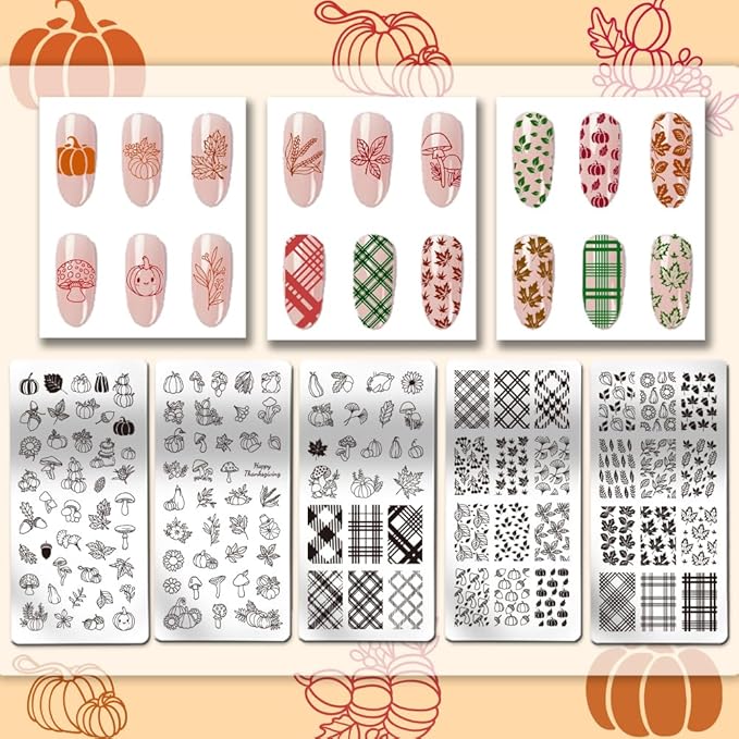 PH PandaHall 5pcs Fall Theme Nail Stamp Plates 126 Patterns Pumpkin Maple Nails Art Plate Stainless Steel Nail Template for Autumn Thanksgiving Day Nails Art Design 4.7x2.4 inches