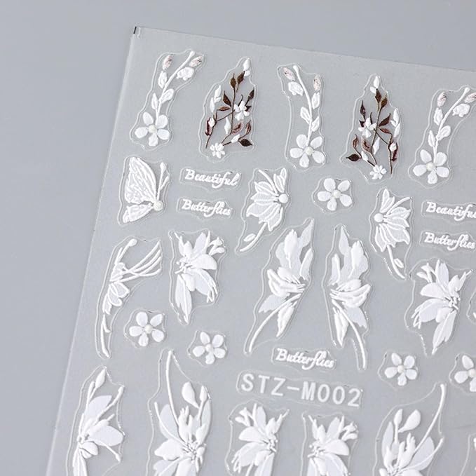 2Pcs Flower Nail Stickers for Nails Art White Magnolia Flowers Nail Art Stickers Decals Summer Butterfly Self-Adhesive Design Nail Supplies for Women Manicure Accessories