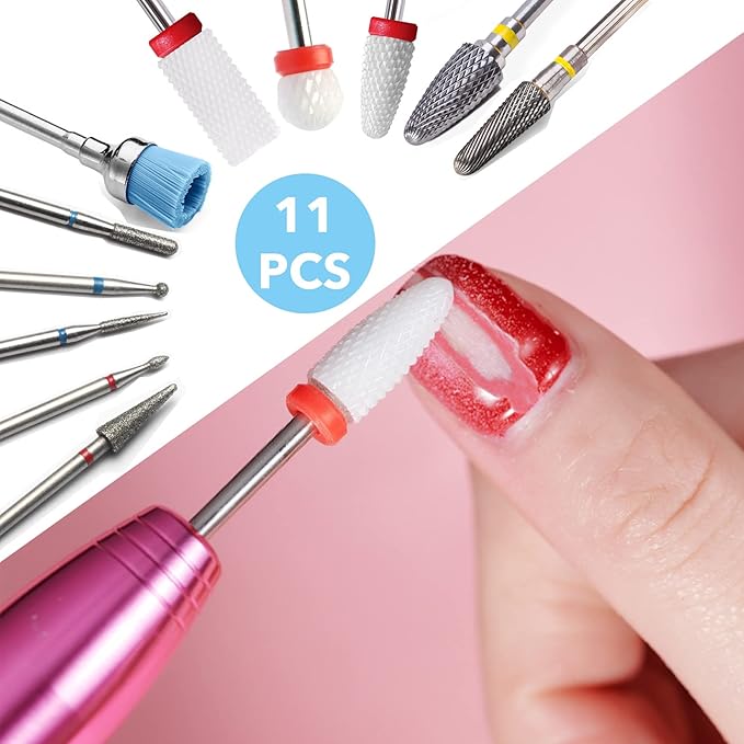 11 Pcs Ceramic Nail Drill Bits, 3/32 Inch Tungsten Alloy Professional Nail Drill Bits, Safety Diamond Bits, for Removing Gel Acrylic Cuticle Nail Drill for Manicure Pedicure