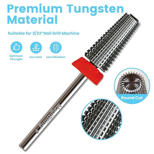 5 in 1 Nail Drill Bits, Straight Cut 3/32'' Professional Tungsten Carbide Bits, Two-way Rotation Easy for Left Hand, Hard Soft Gel Removal Fast Manicure Polishing, Fine