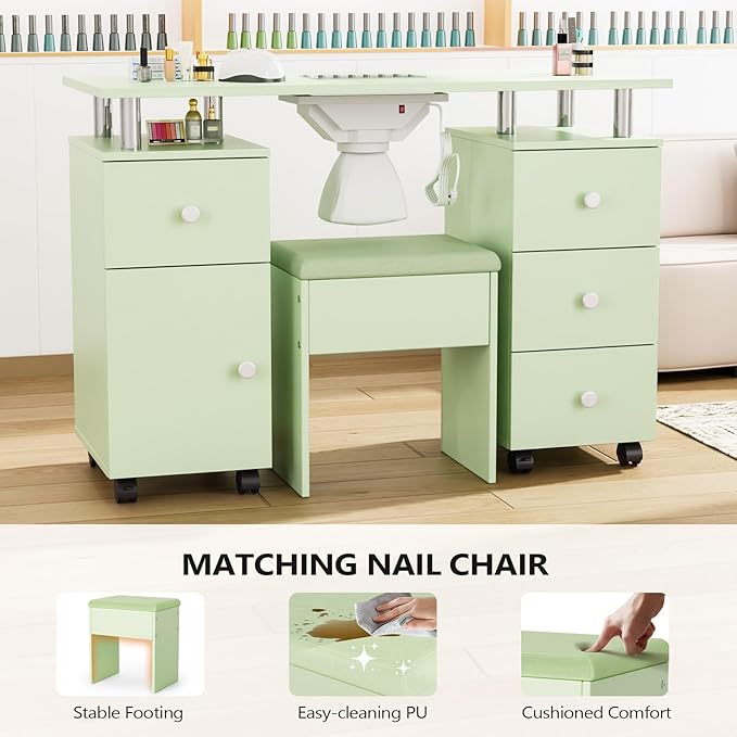 OmySalon Nail Desk and Chair Set, Manicure Table with Dust Collector, Arm Rest, 8 Wheels, Acetone Resistant Desktop, Drawers & Cabinet Storage for Makeup Beauty Salon (Mint Green)