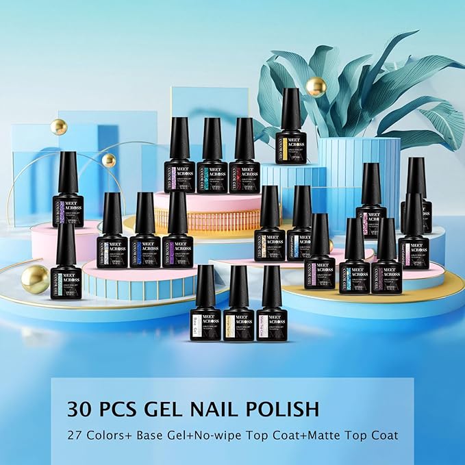 MEET ACROSS Gel Nail Polish Set,Gel Nail Kit Art Design Soak Off UV LED,Nail Art Design Gifts for Women (Set-10, 30PCS)