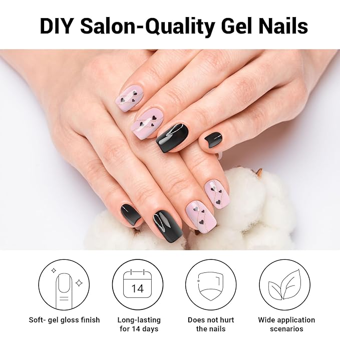 Semi Cured Gel Nail Strips, Black Heart | 28 pcs Gel Nail Strips Work with Any UV Lamp, Salon Quality UV Nails Stickers, Easy to Apply for Home Nails DIY