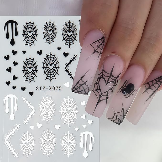 6 Sheets Halloween Nail Stickers, Spider Nail Art Stickers 3D Self-Adhesive White Black Spider Web Blood Heart Star Spiders Ghost Nail Decals Holiday Sticker for Halloween Party DIY Nails Decoration