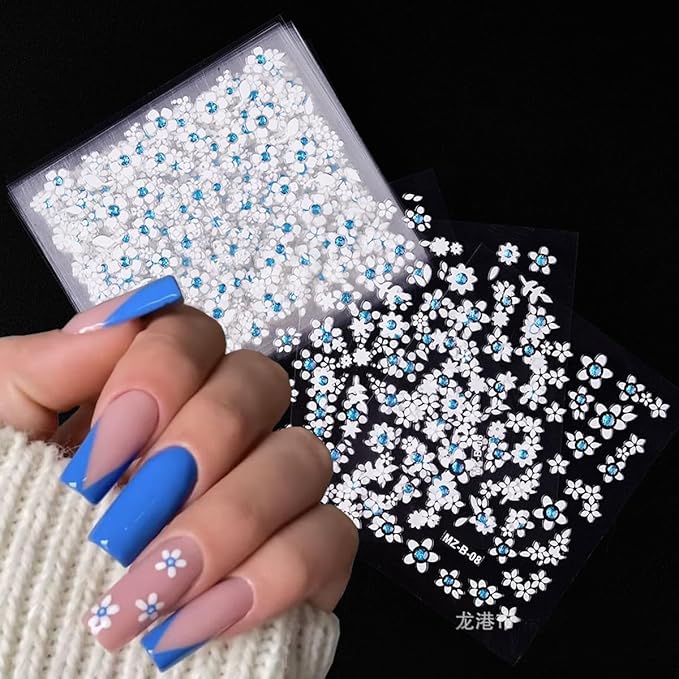 30Sheets Flower Nail Stickers 3D Self-Adhesive White with Blue Rhinestones Cherry Blossoms Daisy Nail Art Stickers Spring Summer Flowers Nail Art Design Decals for Acrylic Nail Decoration Charms Tips