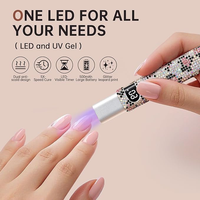 Handheld UV Light for Gel Nails,Mini LED Cordless Nail Lamp for Gel Nail Polish,Portable Flash Cure Lamp,Rechargeable USB Nail Dryer with LCD Display Fast Curing (Leopard Diamond)