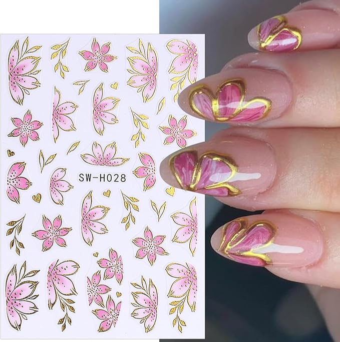 4 Sheets Pink Flower Nail Stickers, Gold Stamping Floral Nail Art Decals, 3D Self-Adhesive Nail Design Stickers for Women DIY Spring Season Purple Pink Flower Manicure Decoration Supplies