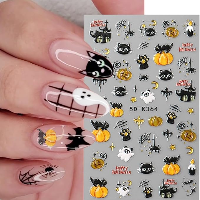 3 Sheets Goth Nail Stickers 5D Embossed Halloween Ghost Nail Art Stickers Cute Cat Pumpkin with Spider Bat Design Sticker Gold Spider Web Nail Decals Nail Art Supplies for Women Acrylic Nail DIY