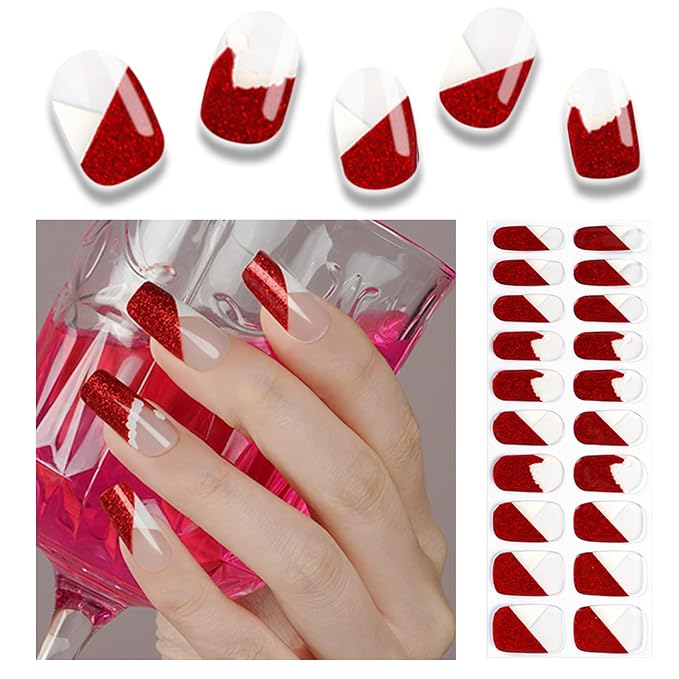 20pcs Semi Cured Gel Nail Strips, Real Nail Polish Art Stickers, Christmas Gel Nail Stickers - Work with Any UV Lamp, Long Lasting Full Wraps with Nails File and Stick