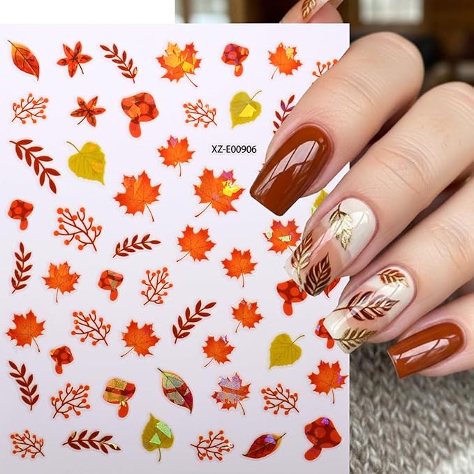 12Sheets Autumn Maple Leaves Nail Stickers 3D Self-Adhesive Fall Nail Art Stickers Gold Yellow Pumpkins Ginkgo Leaf Nails Design Decal Thanksgiving Day Nail Art Decoration for Women DIY Nail Supplies