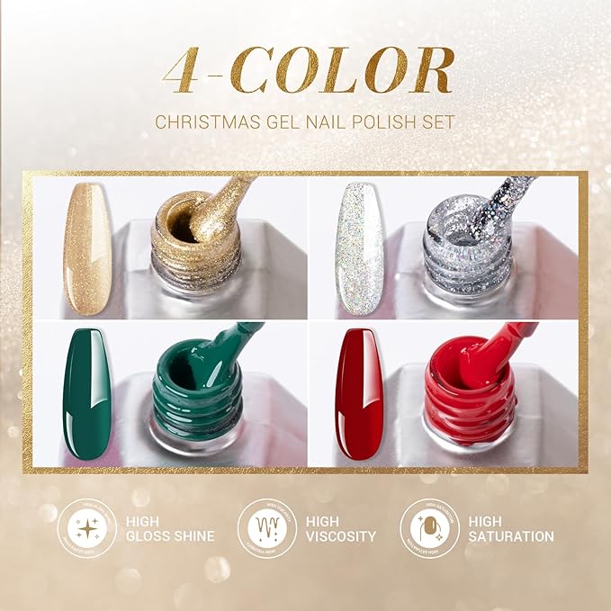 MelodySusie 15ML Christmas Gel Nail Polish Set: Christmas 4 Colors Green and Red Gel Polish Nails Soak Off UV LED Gold Silver Gel Polish Gifts for Women Girls Nail Art Manicure Salon DIY Nail Design