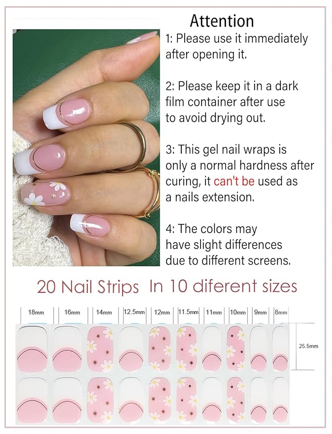 Semi Cured Gel Nail Strips - French Pink Flower Hydrangea Nail Wraps, 20pcs, UV Ready for DIY Nails