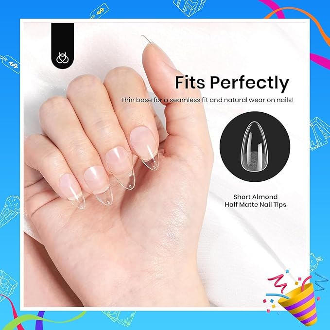 Beetles Short Almond Nail Tips: 12 Sizes 288 PCS Half Matte Full Cover Press On Gel Tips Clear Acrylic Gel Nail Tips Almond Shape for DIY Extension