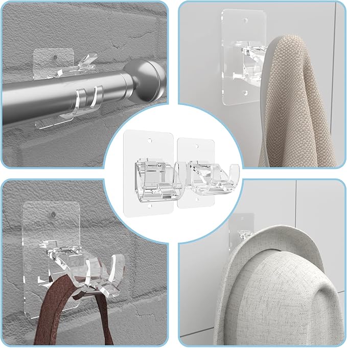 CIEMGNZOC 8PCS No Drill Curtain Brackets, Nail Free Adjustable Curtain Hooks for Rods Under 1.57 Inch (Transparent)