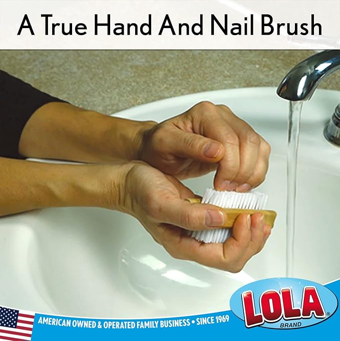 LOLA Classic Hand & Nail Wood Brush, 12 Pack, Heavy Duty 2 Sided Soft & Stiff Bristles, Cleans Hands, Fingernails, Feet & Toenails