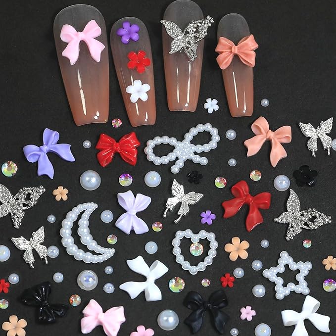 HNUIX Bow Nail Charms - 3D Multiple Colors, Butterfly, Flower, Pearls, Flat Back Rhinestones, with Kit, for Nail Art