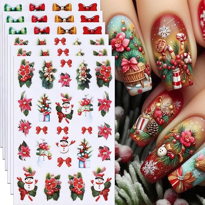 6Pcs Christmas Nail Stickers Red Green Bow Nail Decals DIY Self Adhesive Christmas Tree Poinsettia Group Snowman Cute Design Nail Decoration Supplies Holiday Manicure Accessories for Women Girls