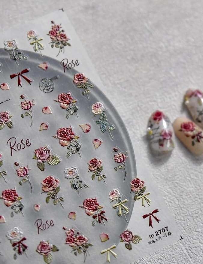 Retro Rose Nail Stickers 5D Embossed – Premium Salon-Quality Floral Nail Charm Accessories, Easy Application & Self-Adhesive Roses Red Flower Decal for DIY Manicure, Nail Art, Press on, Home or Salon