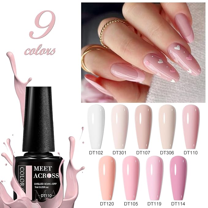 MEET ACROSS 12pcs Gel Nail Polish Set,Soak Off UV LED Lamp Gel Nail Polish Kit,Fashion Shimmer Nail Art Design Gifts for Women Manicure Salon (Pink-1)