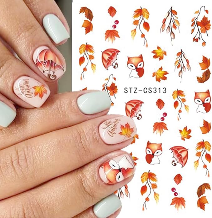 6 Sheets Fall Nail Art Stickers Thanksgiving Day Nails Decals 3D Self Adhesive Maple Leaf Nail Stickers Cute Fox Pumpkin Maple Leaves Design Fall Nails Supplies for Women Autumn DIY Manicure Decor