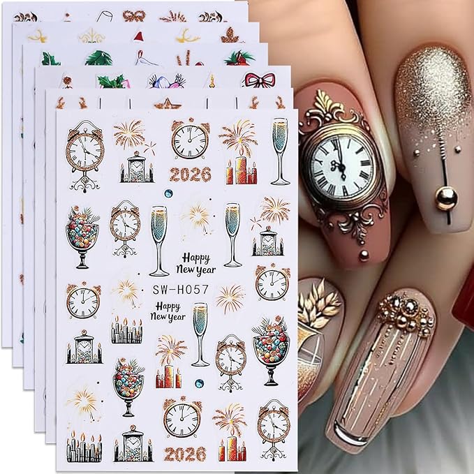 Christmas Nail Art Stickers Decals 3D Clock Champagne Nail Stickers 6PCS Gold Glitter Firework Crystal Ball Bow Holly Bell New Year Xmas Nails Design Christmas Stickers for Nails Manicure Decoration