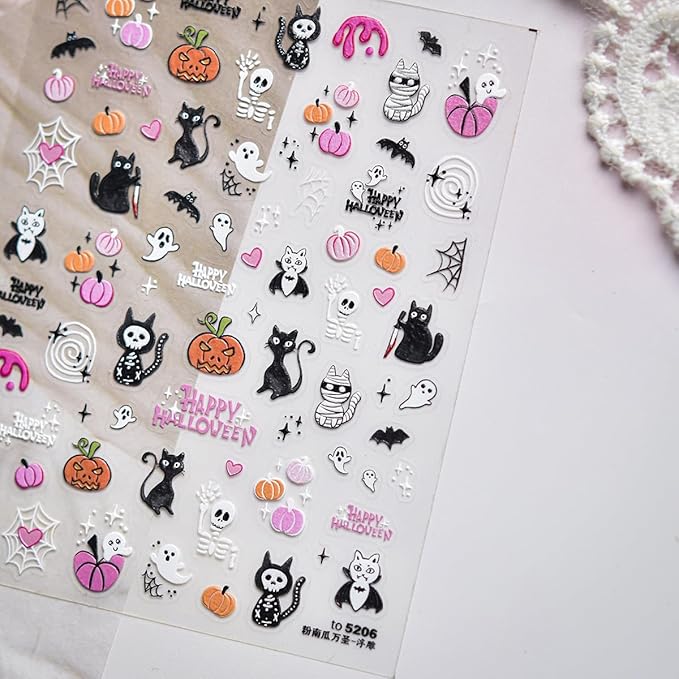 5D Embossed Goth Nail Art Stickers for Nail Art Self-Adhesive Halloween Ghost Nail Stickers Spider Web Pumpkin Bloody Cat Designs Nail Art Supplies Horror Nail Decals for Women Acrylic Manicure Salon