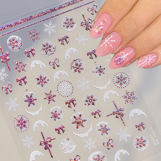 JMEOWIO 3D Embossed Christmas Glitter Snowflake Nail Art Stickers Decals Self-Adhesive 5D Nail Supplies Nail Art Design Decoration Accessories 1 Sheets