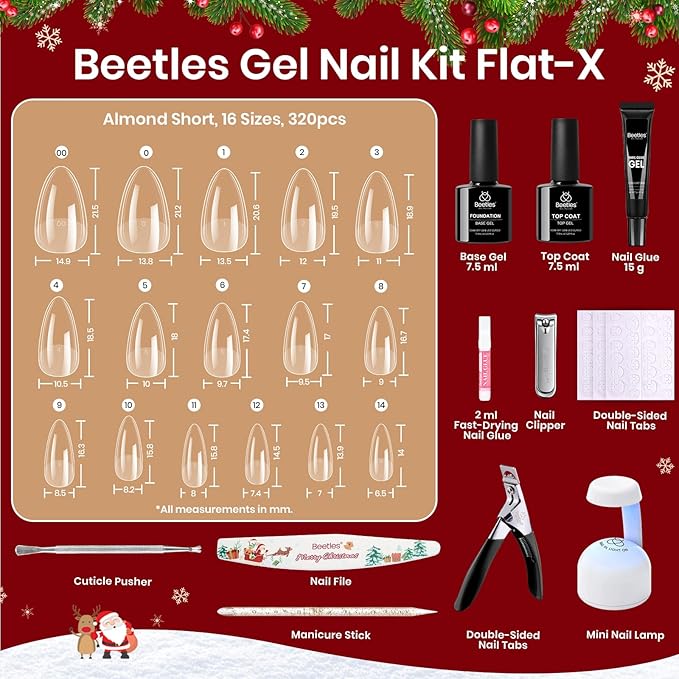 Beetles Gel Nail Kit Flat-X Christmas Limited Set, Almond Short , 320pcs 16 Sizes, with 15g Hands-free Solid Nail Glue Gel, Mini Lamp, Pre-Etched Half Matte Nail Extension Set for Home DIY