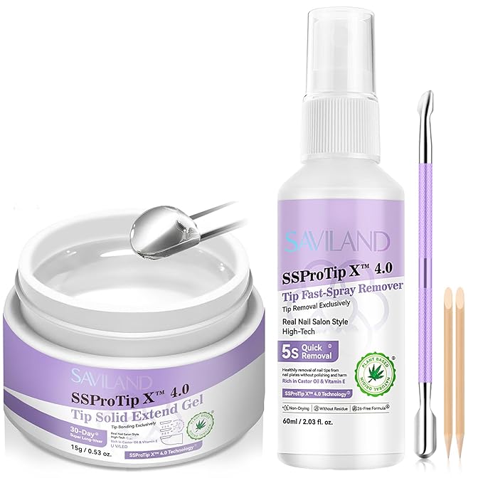 SAVILAND Nail Glue Gel & Nail Glue Remover: Quick Press on Nail Remover 30 g U V Nail Glue Solid Hard Gel for Nails with Cuticle Pusher and Manicure Tools Long Lasting Castor Oil VE Supplies Tech