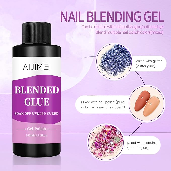 AIJIMEI Nail Polish Thinner Glue 8fl.oz Clear Nail Blending Glue for Blending, diluting, Mixing Glitter Powder Mixer Gel Polish Dilution Color Sequins MixingGlue 240ml for Nail Designer