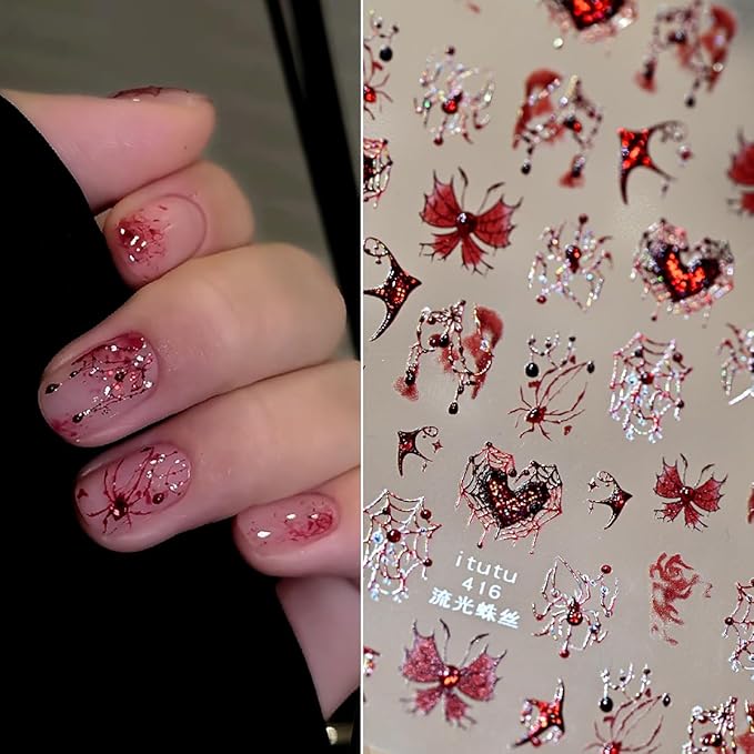 Halloween Nail Stickers for Nail Art 5D Red Rhinestone Spider Nails Decals Self Adhesive Bloody Butterfly Heart Spider Web Design Halloween Spider Nails Art Stickers for Women Manicure Supplies 1PCS