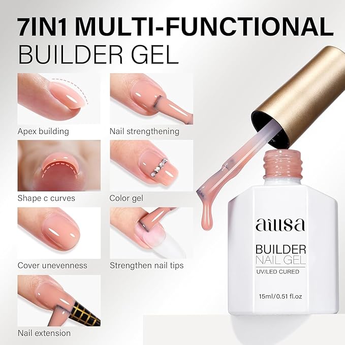 AILLSA Builder Gel Natural Nude 7 In 1 Hard Gel Polish for Nail Thickening Light Color Strengthener Gel Polish Sheer Nude Skin Tone Extension U V Gel for Nail Art Base Coat Needed 0.51 Oz GB93
