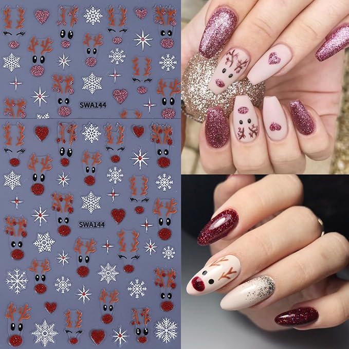 Christmas Nail Art Stickers Decals 3D Xmas Reindeer Snowflake Snowman Self-Adhesive Nail Stickers Winter Holiday Christmas Tree Elk Gift Nail Decals for Christmas DIY Manicure 6 Sheets