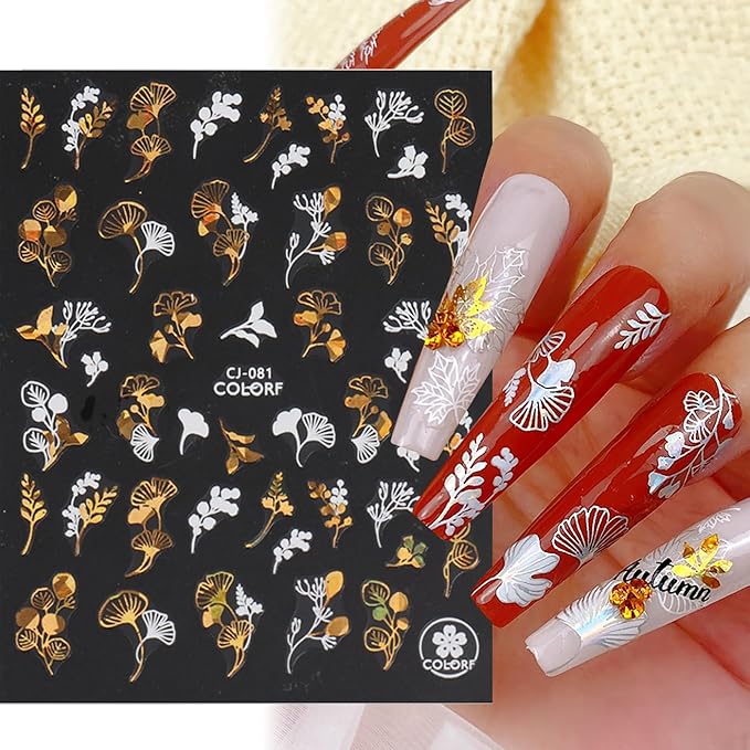 Laser Golden Fall Maple Leaves Nail Art Stickers, Maple Leaves Nail Decals 3D Self-Adhesive with Fan Blade Butterfly Squirrel Flower Design 6Pcs Nail Art Supplies for Women Nail Decoration