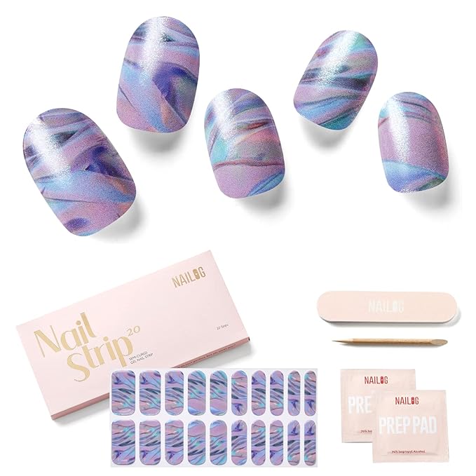 NAILOG Semi Cured Gel Nail Strips (20 Extra Long Stickers/Wraps) | Buy 2 Get 1 UV Lamp| Glossy & Long Lasting Soft Gel Finishing | La Plage, 1.0 Count