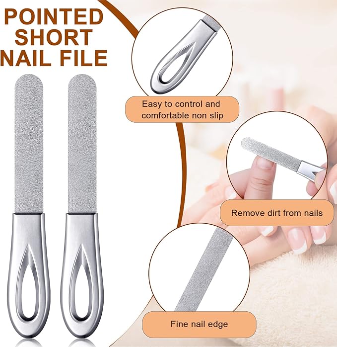 3 Pieces Stainless Steel Nail Files with Leather Case Double Sided Nail Files Non Slip Handle Grit Diamond Fingernail File Easily Grinding Metal Nail File Emery Boards for Natural Nails (Brown)
