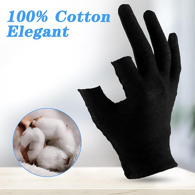 6 Pairs Moisturizing Cotton Gloves Touchscreen Overnight Sleeping Gloves Lightweight Nighttime Lotion Gloves for Bedtime Dry Hand Therapy Sensitive Irritated Skin SPA (Black)